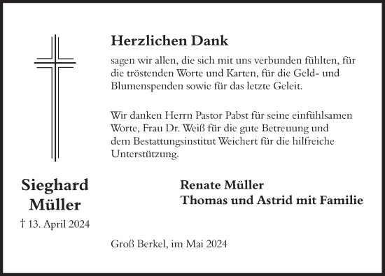 Traueranzeige von Sieghard Müller von Deister- und Weserzeitung