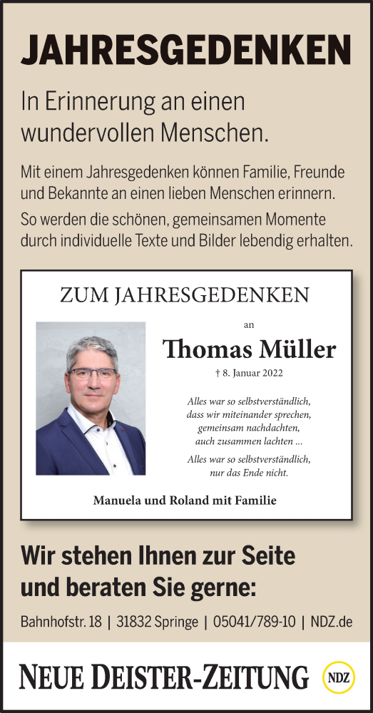 Traueranzeige von Thomas Müller von Neue Deister-Zeitung