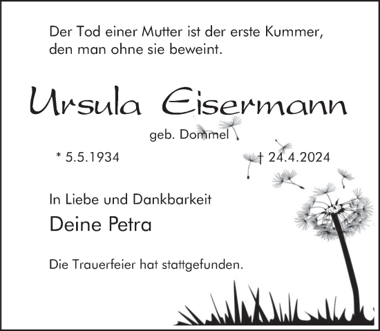 Traueranzeige von Ursula Eisermann von Deister- und Weserzeitung