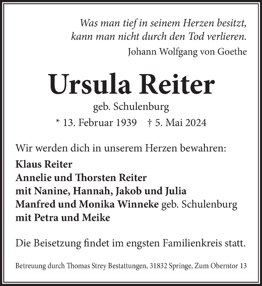  Traueranzeige für Ursula Reiter vom 01.06.2024 aus Neue Deister-Zeitung