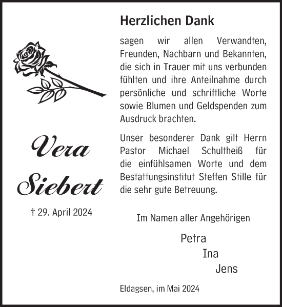 Traueranzeige von Vera Siebert von Neue Deister-Zeitung