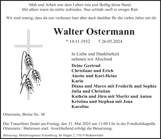 Traueranzeige von Walter Ostermann von Deister- und Weserzeitung