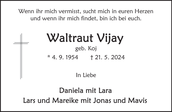 Traueranzeige von Waltraut Vijay von Deister- und Weserzeitung