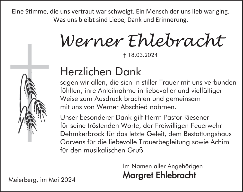  Traueranzeige für Werner Ehlebracht vom 11.05.2024 aus Deister- und Weserzeitung