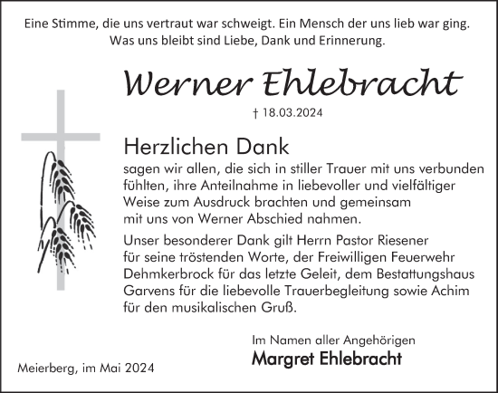 Traueranzeige von Werner Ehlebracht von Deister- und Weserzeitung