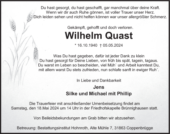 Traueranzeige von Wilhelm Quast von Deister- und Weserzeitung