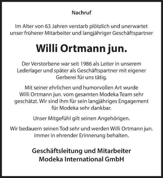 Traueranzeige von Willi Ortmann von Deister- und Weserzeitung
