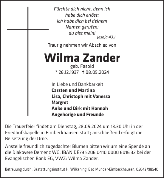 Traueranzeige von Wilma Zander von Neue Deister-Zeitung