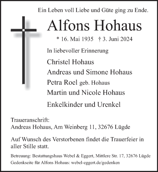 Traueranzeige von Alfons Hohaus von Deister- und Weserzeitung