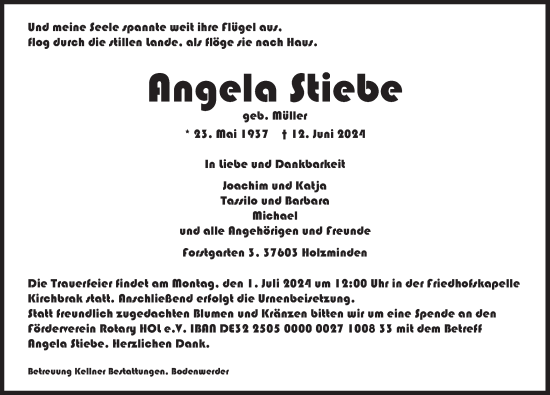 Traueranzeige von Angela Stiebe von Deister- und Weserzeitung