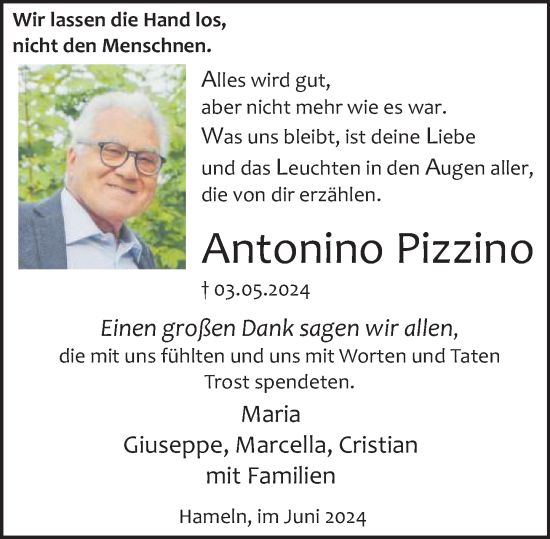 Traueranzeige von Antonino Pizzino von Deister- und Weserzeitung