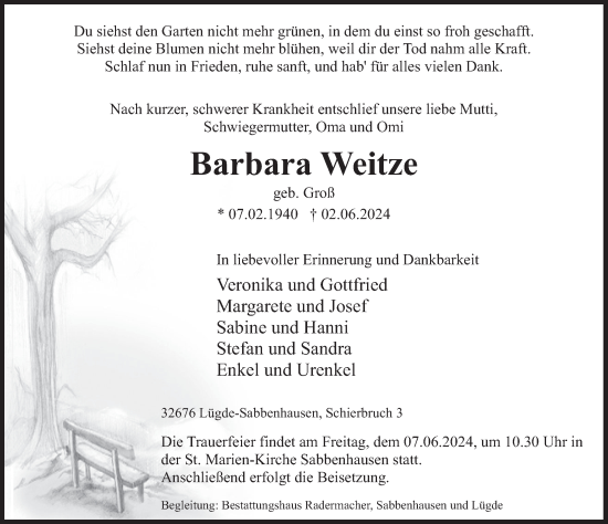 Traueranzeige von Barbara Weitze von Deister- und Weserzeitung