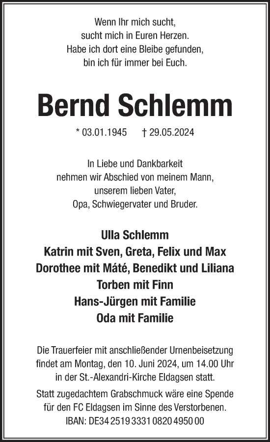 Traueranzeige von Bernd Schlemm von Neue Deister-Zeitung