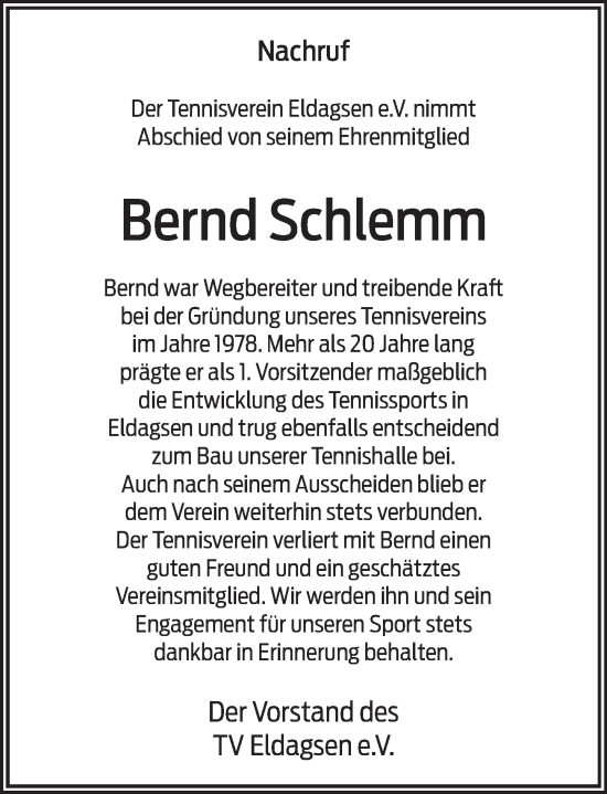 Traueranzeige von Bernd Schlemm von Neue Deister-Zeitung