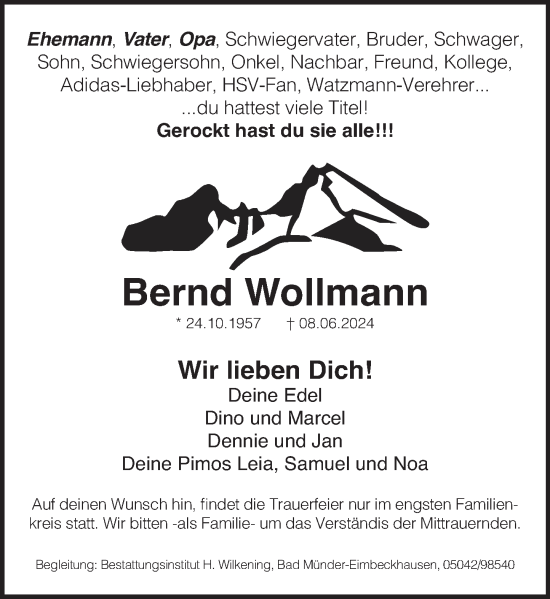 Traueranzeige von Bernd Wollmann von Neue Deister-Zeitung