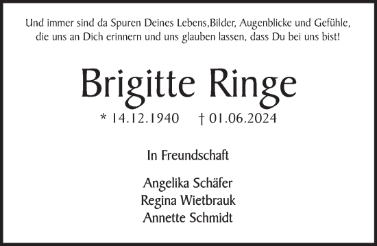 Traueranzeige von Brigitte Ringe von Deister- und Weserzeitung