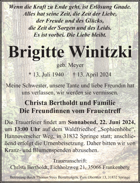 Traueranzeige von Brigitte Winitzki von Neue Deister-Zeitung