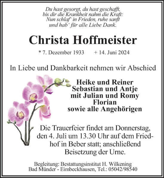 Traueranzeige von Christa Hoffmeister von Neue Deister-Zeitung