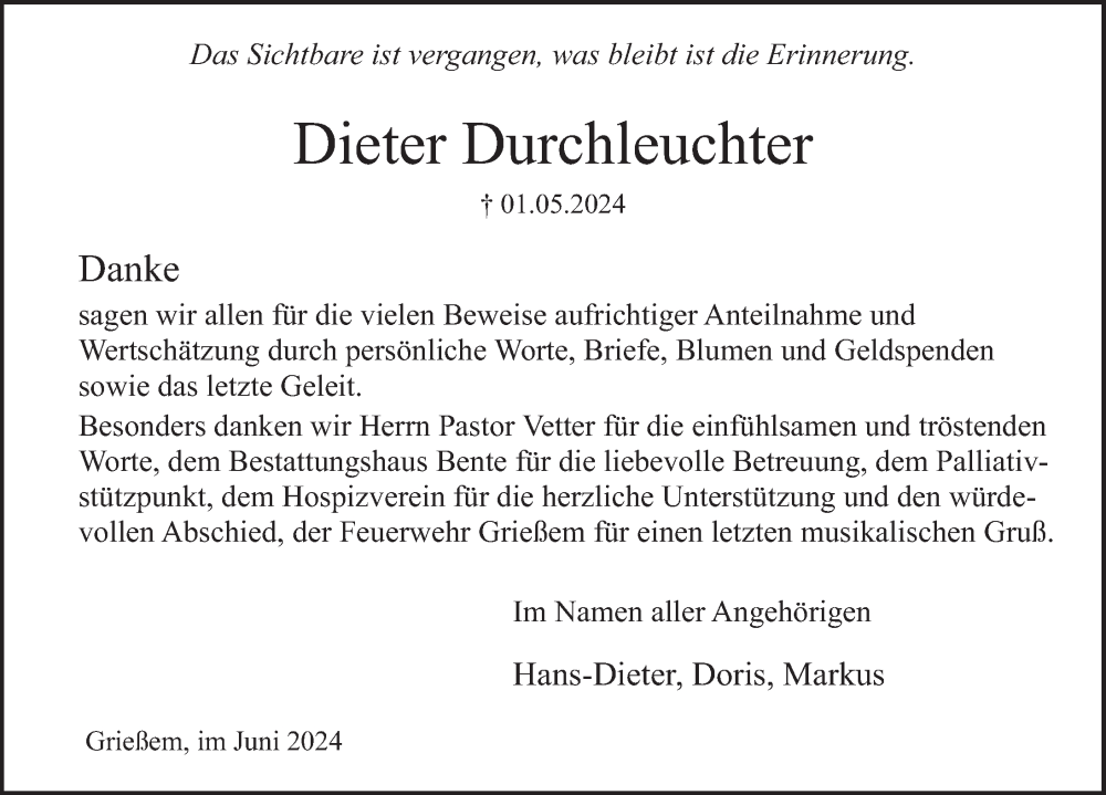  Traueranzeige für Dieter Durchleuchter vom 08.06.2024 aus Deister- und Weserzeitung