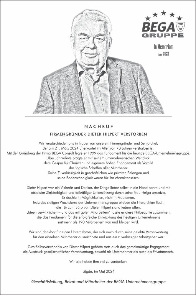  Traueranzeige für Dieter Hilpert vom 08.06.2024 aus Deister- und Weserzeitung