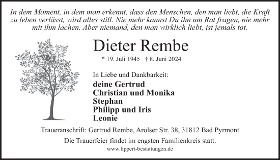 Traueranzeige von Dieter Rembe von Deister- und Weserzeitung