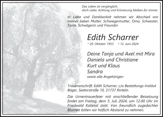 Traueranzeige von Edith Scharrer von Deister- und Weserzeitung