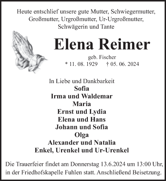 Traueranzeige von Elena Reimer von Deister- und Weserzeitung