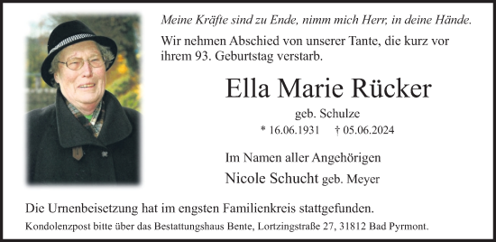 Traueranzeige von Ella Marie Rücker von Deister- und Weserzeitung