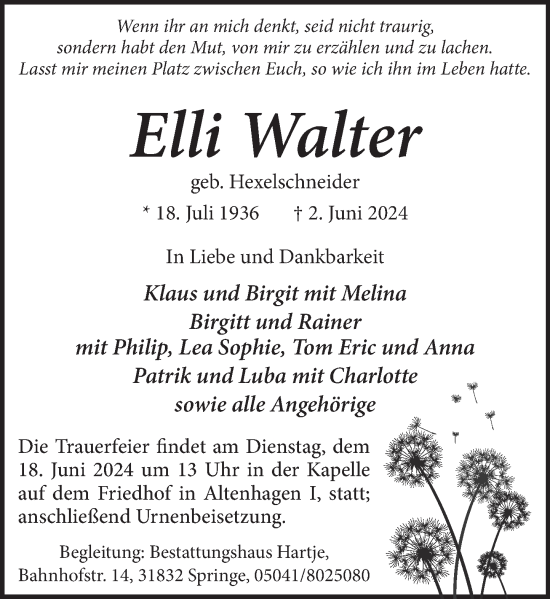 Traueranzeige von Elli Walter von Neue Deister-Zeitung