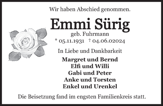 Traueranzeige von Emmi Sürig von Deister- und Weserzeitung