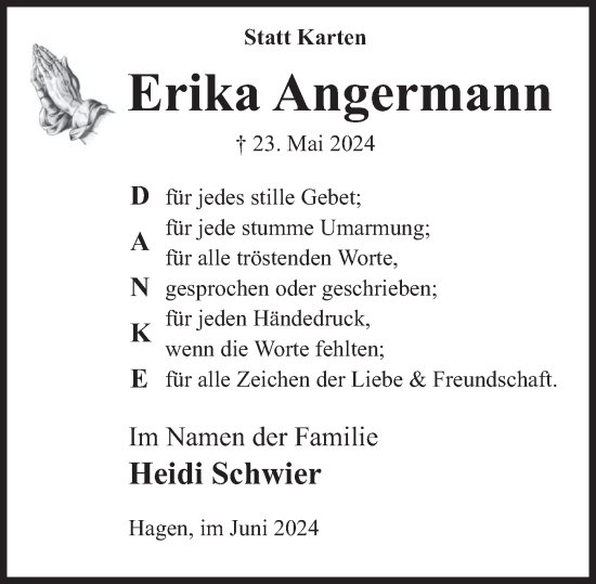 Traueranzeige von Erika Angermann von Deister- und Weserzeitung