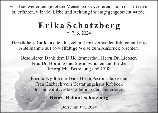 Traueranzeige von Erika Schatzberg von Deister- und Weserzeitung