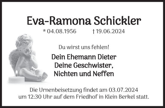 Traueranzeige von Eva-Ramona Schickler von Deister- und Weserzeitung