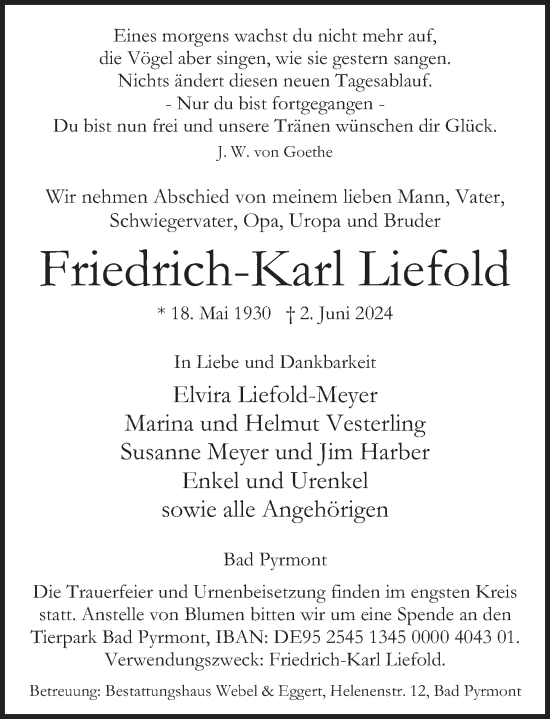 Traueranzeige von Friedrich-Karl Liefold von Deister- und Weserzeitung