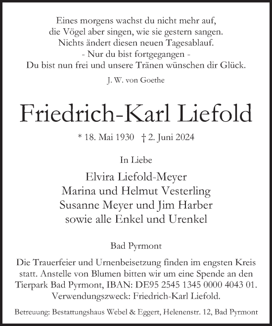 Traueranzeige von Friedrich-Karl Liefold von Deister- und Weserzeitung