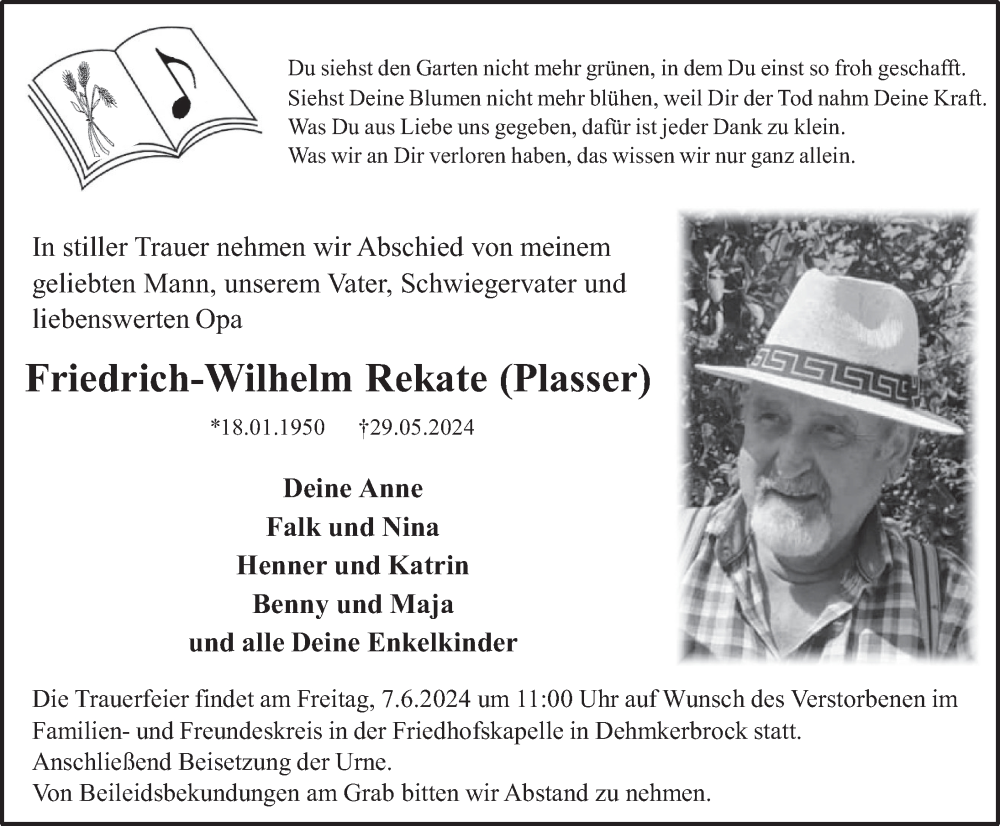  Traueranzeige für Friedrich-Wilhelm Rekate vom 05.06.2024 aus Deister- und Weserzeitung