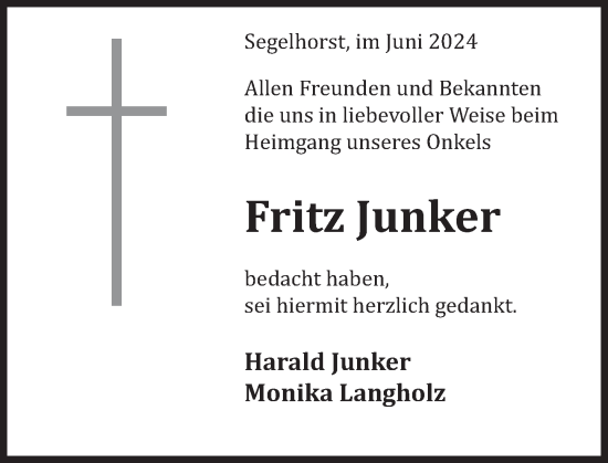 Traueranzeige von Fritz Junker von Deister- und Weserzeitung