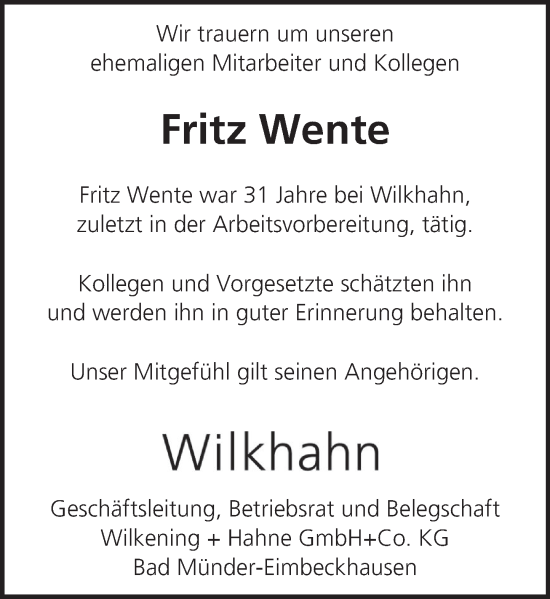 Traueranzeige von Fritz Wente von Neue Deister-Zeitung