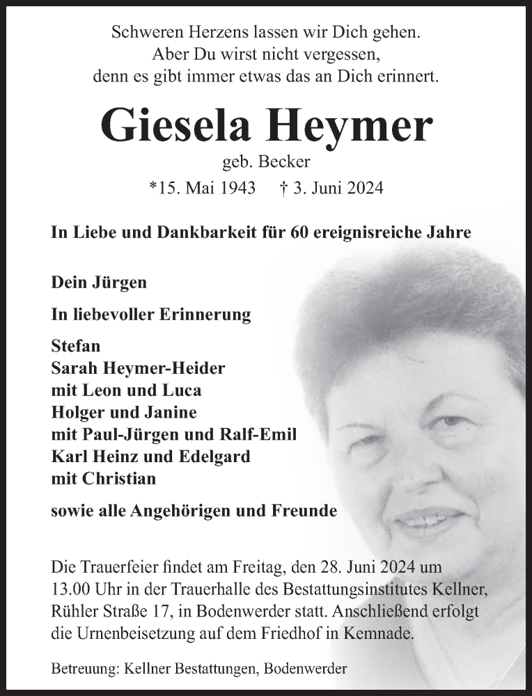  Traueranzeige für Giesela Heymer vom 22.06.2024 aus Deister- und Weserzeitung