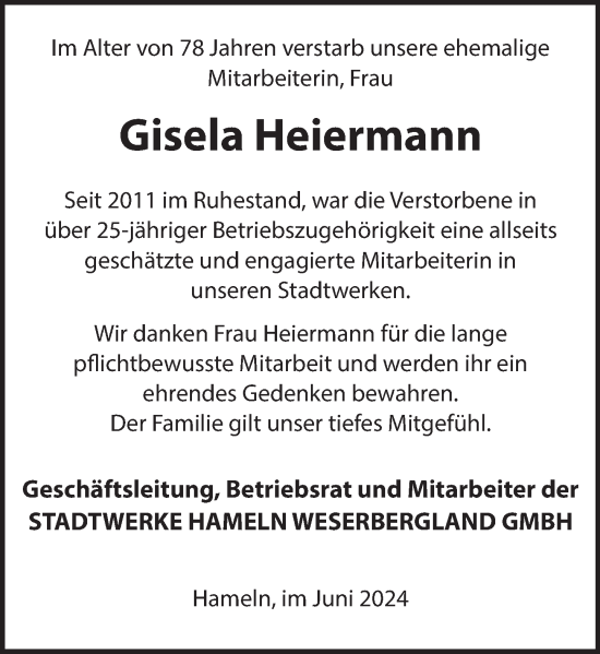 Traueranzeige von Gisela Heiermann von Deister- und Weserzeitung