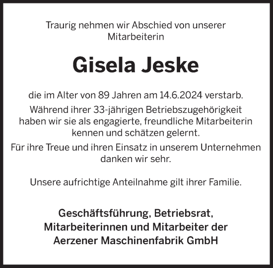 Traueranzeige von Gisela Jeske von Deister- und Weserzeitung