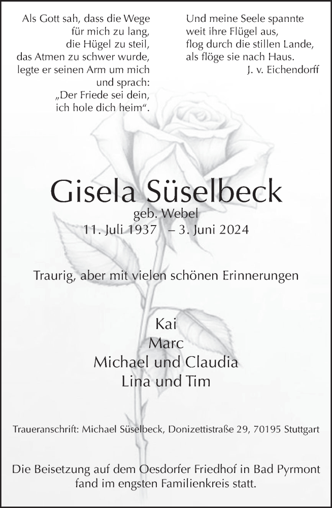  Traueranzeige für Gisela Süselbeck vom 15.06.2024 aus Deister- und Weserzeitung