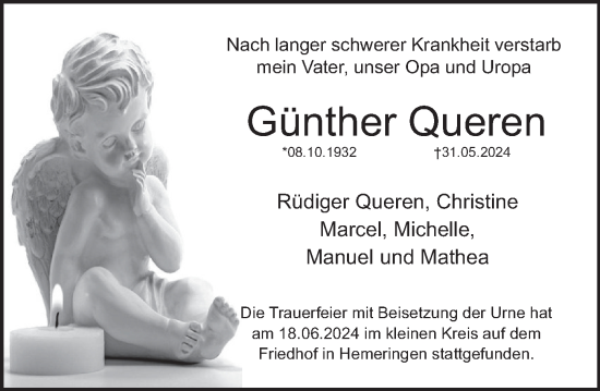 Traueranzeige von Günther Queren von Deister- und Weserzeitung