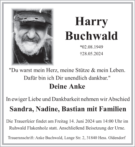 Traueranzeige von Harry Buchwald von Deister- und Weserzeitung
