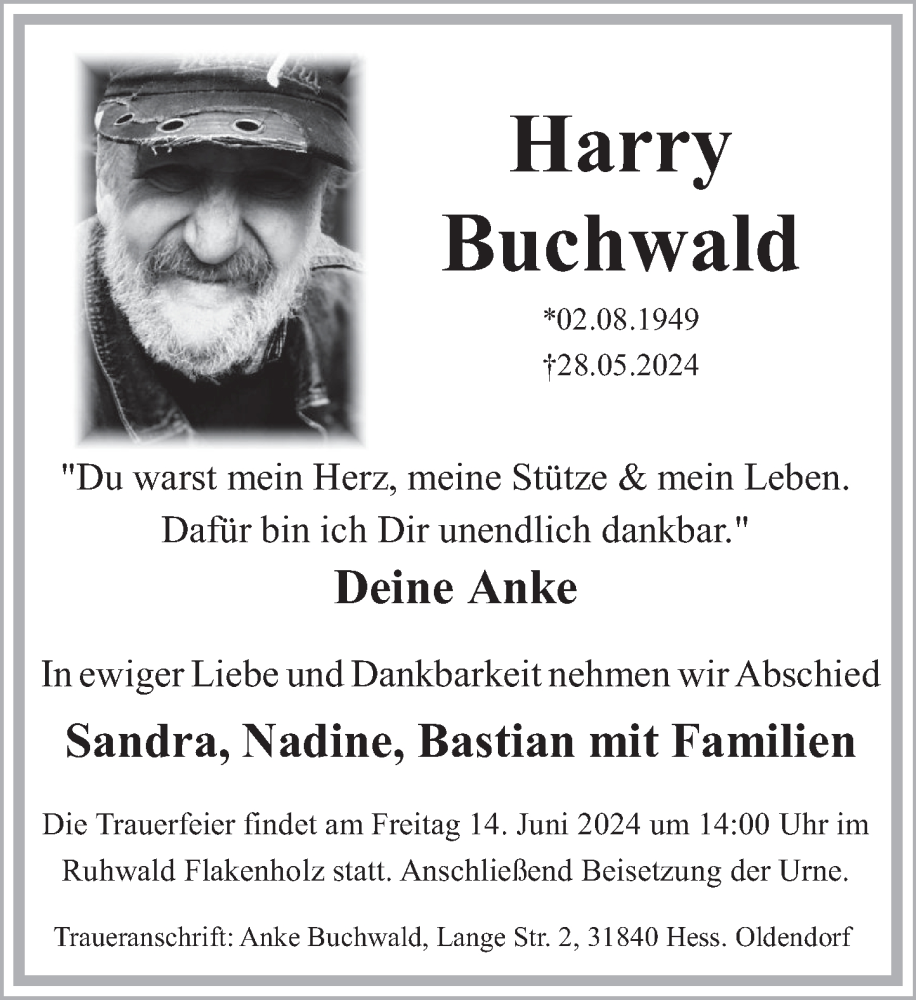  Traueranzeige für Harry Buchwald vom 08.06.2024 aus Deister- und Weserzeitung