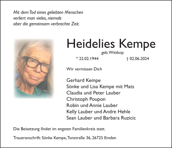 Traueranzeige von Heidelies Kempe von Deister- und Weserzeitung
