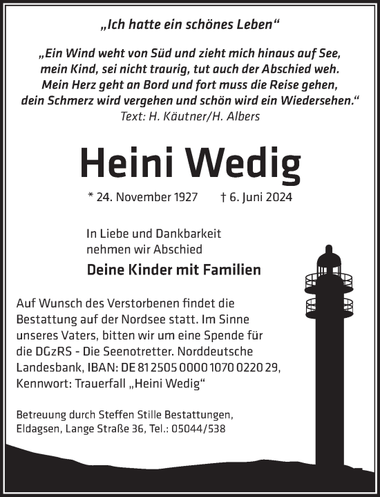 Traueranzeige von Heini Wedig von Neue Deister-Zeitung