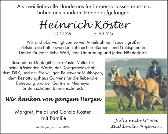 Traueranzeige von Heinrich Köster von Deister- und Weserzeitung