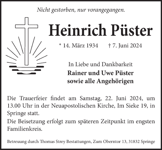Traueranzeige von Heinrich Püster von Neue Deister-Zeitung
