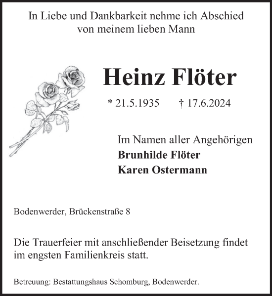 Traueranzeige von Heinz Flöter von Deister- und Weserzeitung